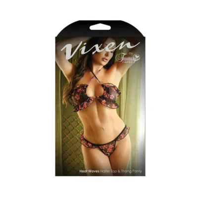 Vixen Heat Waves Floral Print Ruffled Bralette Matching Thong Panty Black O s