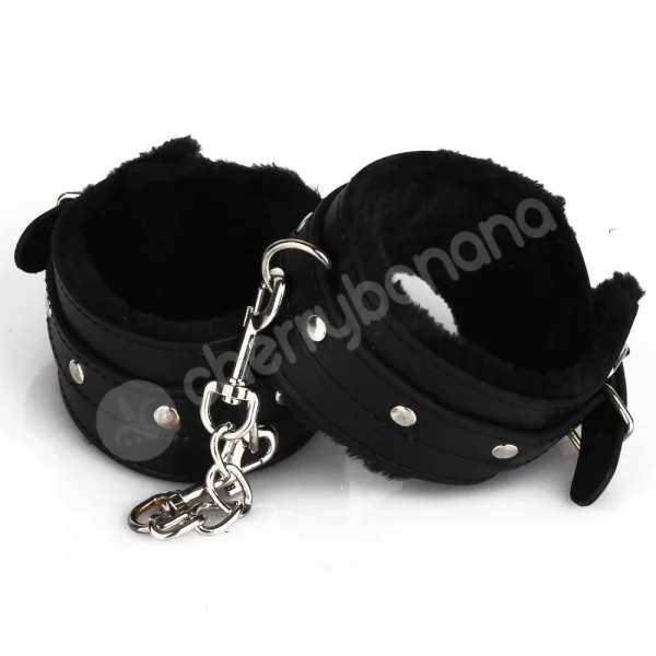 Cherry Banana Dare Black Faux Leather Fluffy Ankle Cuffs
