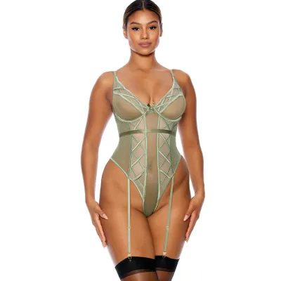 Forplay Star Crossed Sage Green Mesh Teddy with Waist Belt Attached Garters