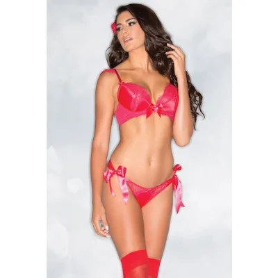 Satin Plunge Bra With Thong Red Extra Large