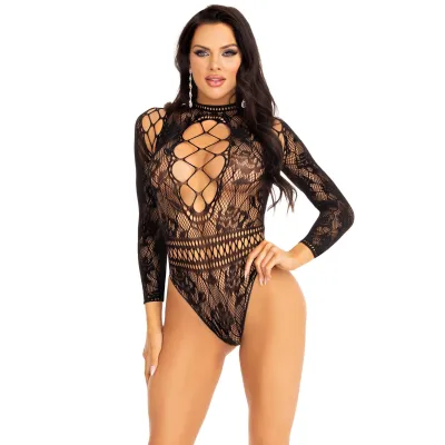 Lace and Neck Keyhole Back Bodysuit One Size Black