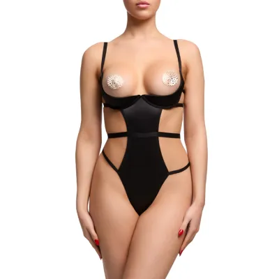 Dita Von Teese Von Follies Beau Teese Open Cup Black Satin Bodysuit