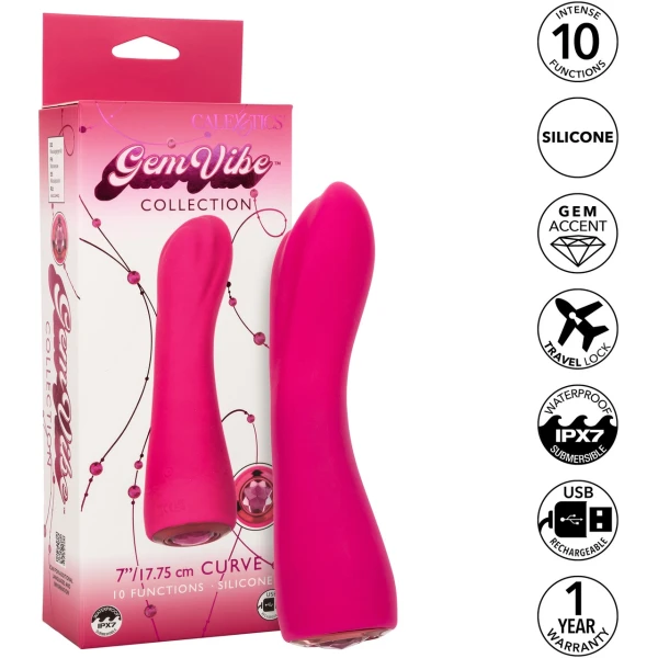 Gem Vibe Collection 7" Curve Rechargeable Waterproof Silicone G-Spot Vibrator By CalExotics - Pink