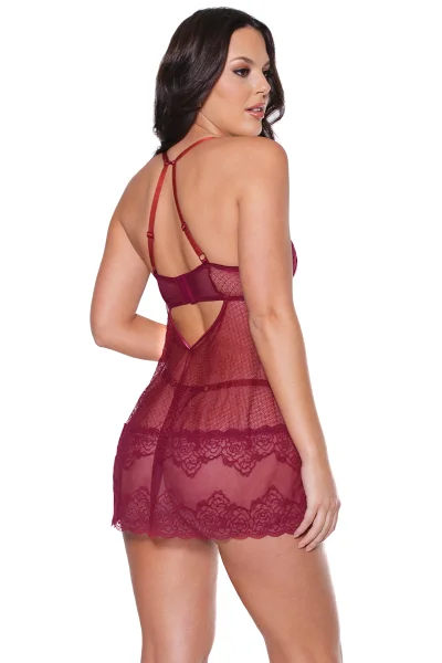 Merlot Lace Roses Babydoll & Thong