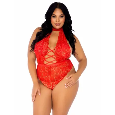High Neck Floral Lace Crotchless Teddy