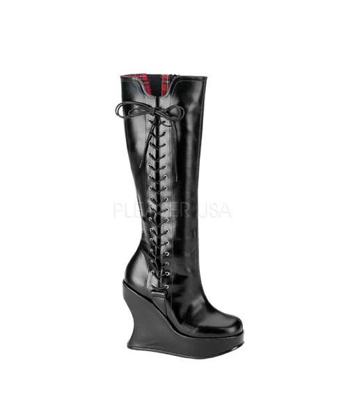 BRAVO-100 - 5" P/F Goth Punk Lolita GoGo Wedge Side Lace Blk Pu Knee BT