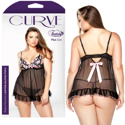 Curve Floral Babydoll G Black Pink 1X 2X
