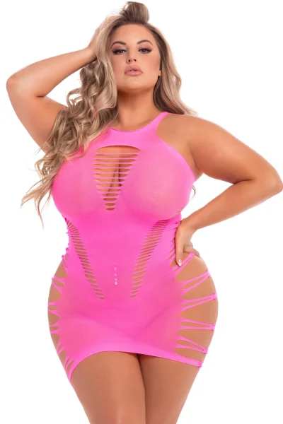 Pink Lipstick - Back 2 Basixxx Hi-Neck Dress - Neck Dress -1x-3x - Pink