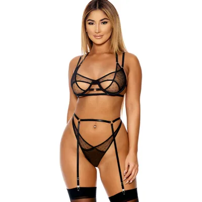 Forplay Mesh Together Black 3 Piece Bra Set with Garter Belt Panty