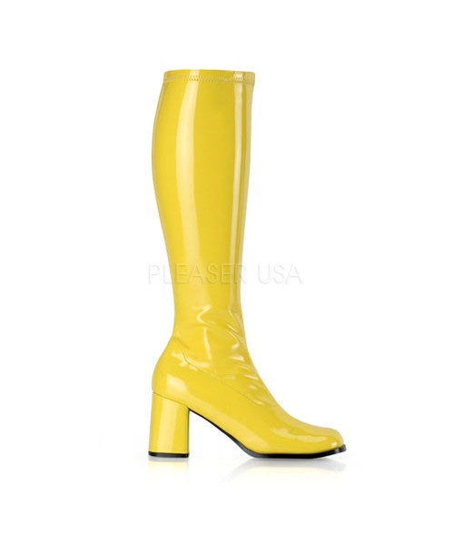 GOGO-300 - 3" Block Heel ST Gogo Boots, Yellow Patent, Side Zip