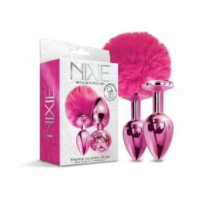 Nixie Metal Butt Plug Set Pom Pom And Jewel inlaid Metallic Pink