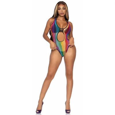 Rainbow Fishnet Cut Out Bodysuit With Strappy Bikini Back One Size Multicolor
