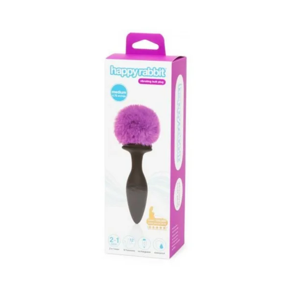 Happy Rabbit Rechargeable Vibrating Butt Plug With Interchangeable Gem And Purple Puff Medium