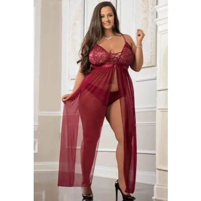 2 Pc Empire Waist Laced Sheer Long Dress and Panty Mulled Wine