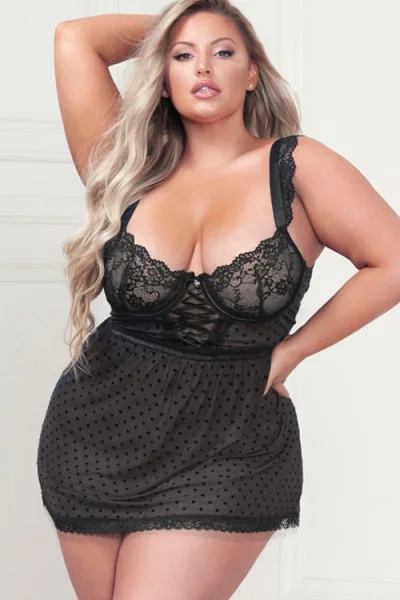 Seven Til Midnight Heart You Black Lace & Heart Mesh Babydoll with Thong