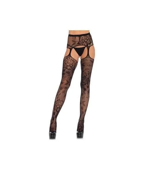 Floral Lace Stockings With Attached Waist Garterbelt - Black - One Size