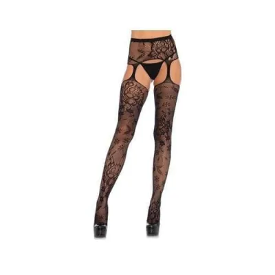 Floral Lace Stockings With Attached Waist Garterbelt Black One Size