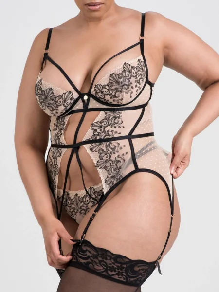 Lovehoney Plus Size Siena Gold and Embroidered Black Crotchless Bustier Set
