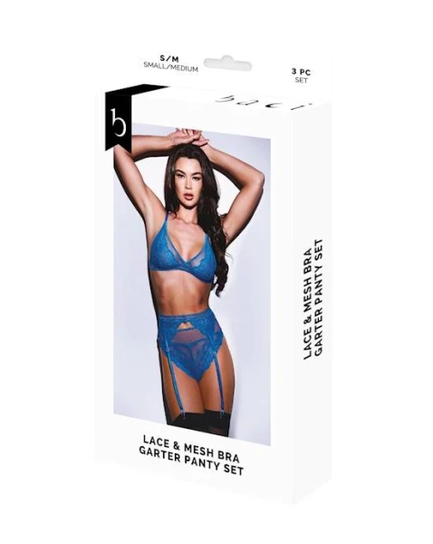 Baci 3pc Lace & Mesh Bra, Garter & Panty Set-blu-s/m Bx