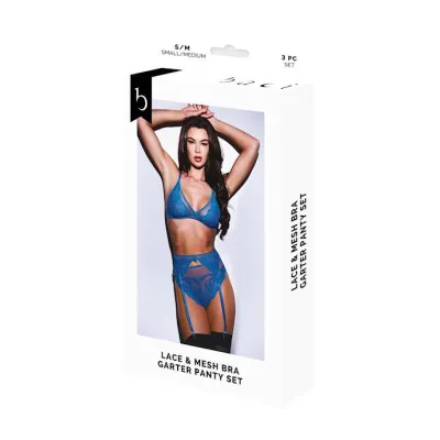 Baci 3pc Lace Mesh Bra Garter Panty Set blu s m Bx