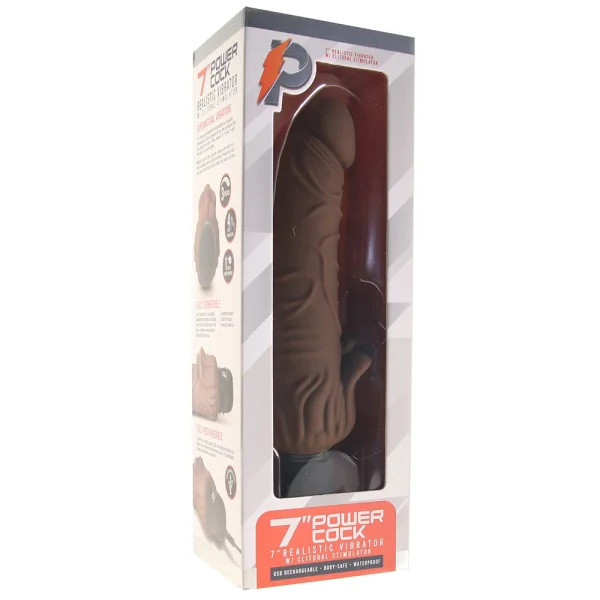 Powercocks Realistic Silicone Waterproof Rechargeable 7" Vibrator With Clitoral Stimulator - Chocolate