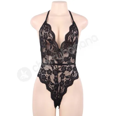 Cherry Banana Black Floral Lace Bodysuit With Adjustable Neck Back Straps
