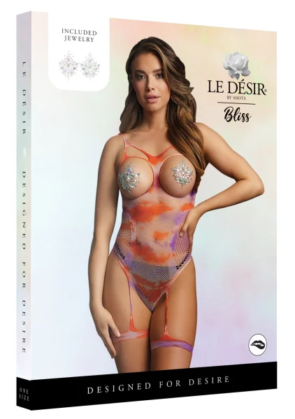 Le Desir Open-Cup Tie Dye Strappy Teddy and Dazzling Nipple Bling Stickers