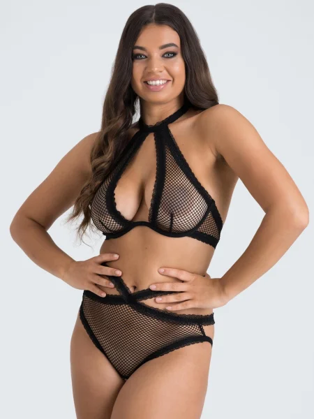 Lovehoney Provocatease Black Fishnet and Lace Halterneck Bra Set