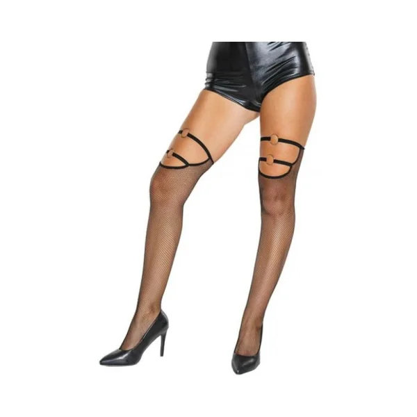 Women's Lingerie: Coquette Fishnet Stockings With Thigh Strap & Metal Ring Details Black O/s