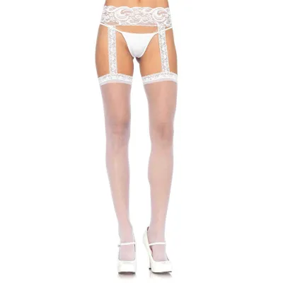 Sheer Lace Top Stockings With Attached Lace Garter Belt One Size White