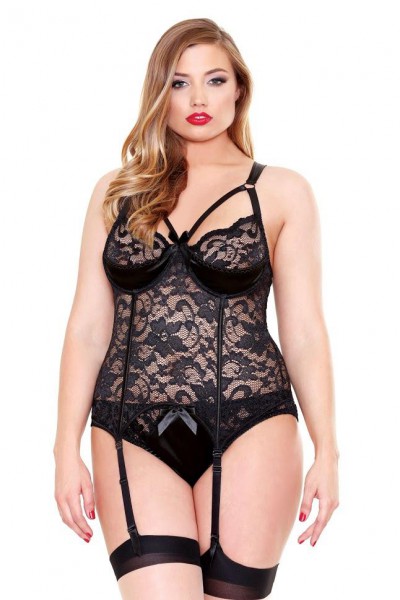 Curve - Lace And Satin Bustier With Detachable Garters & Panty (Plus Size)