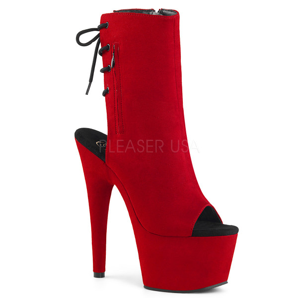 7 inches Heel, 2 3/4 inches PF Open Toe/Heel Ankle Boot. Side Zip