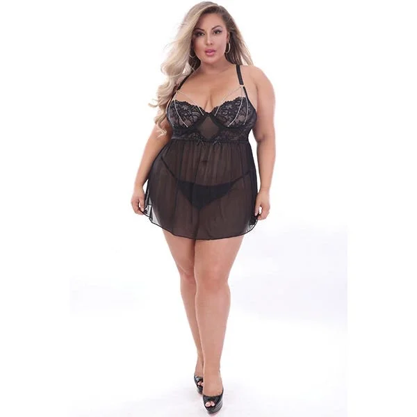 STM 11159X 2 Piece Lace & Mesh Babydoll Queen Set
