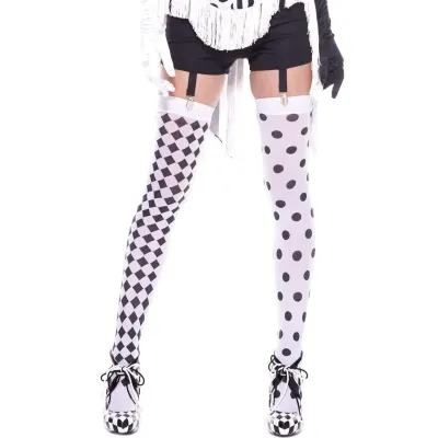 Diamond Design and Polka Dot Harlequin Thigh Hi White Black