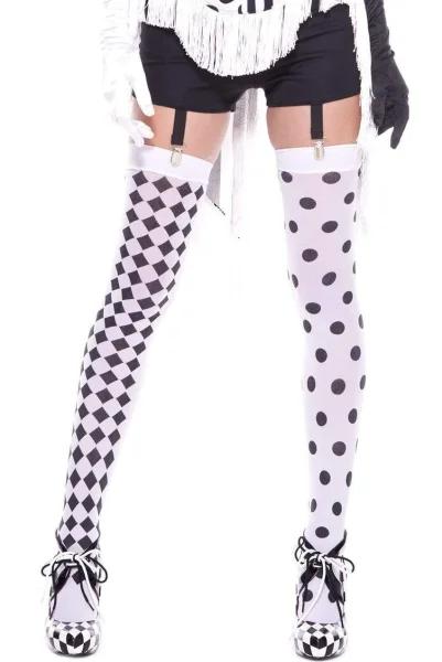 Diamond Design and Polka Dot Harlequin Thigh Hi - White - Black