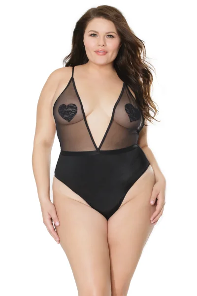 Plus Size Deep V Black Mesh Crotchless Teddy — image 5 of 12