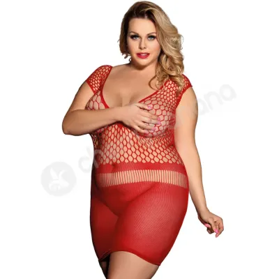 Cherry Banana Plus Size Red Crotchet Mesh Mini Chemise Dress