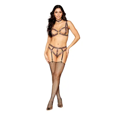 Leopard Set Bralette and Garter With G String and Choker One Size Leopard