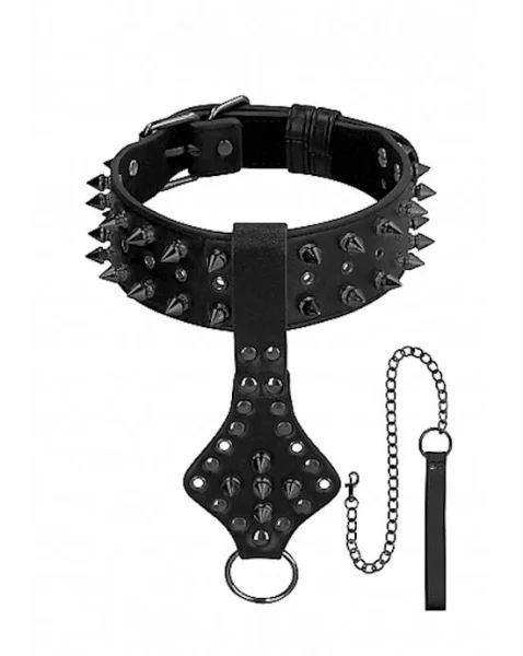 Ouch! Skulls And Bones - Neck Chain With Spikes & Leash - Black - One Size