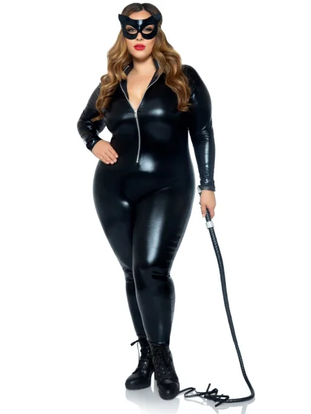Lame Zipper Front Catsuit - 3x-4x - Black