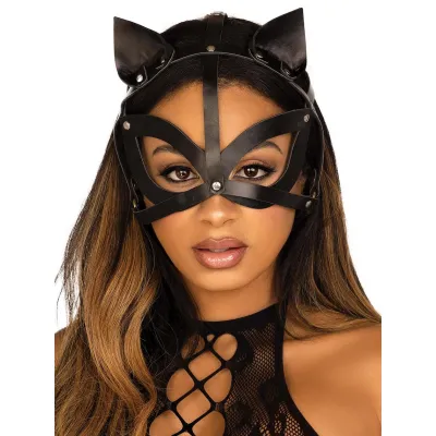 Leg Avenue Black Wet Look and Studs Cat Harness Mask