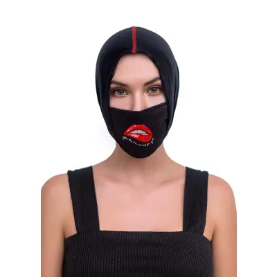 Face Neck Bandana Reversable Black Red Lips Print One Size