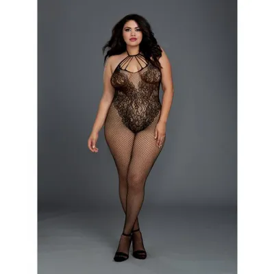 Fishnet Bodystocking W knitted Teddy Design Black Qn