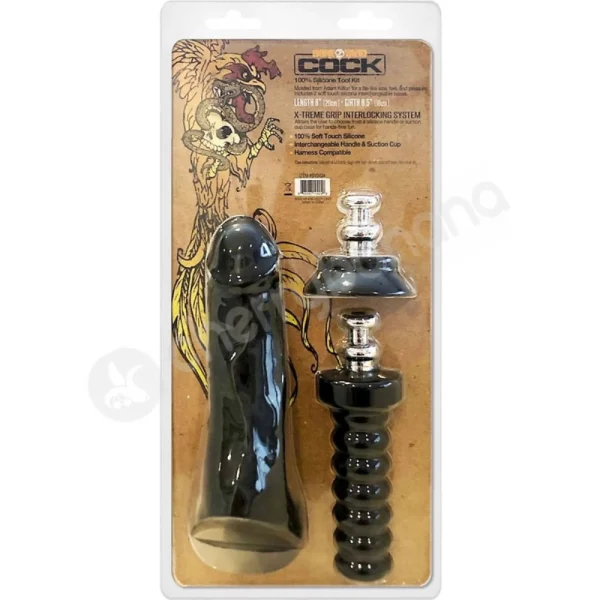 Boneyard Cock 8" Black Dong With Suction Cup & Handle Extensions