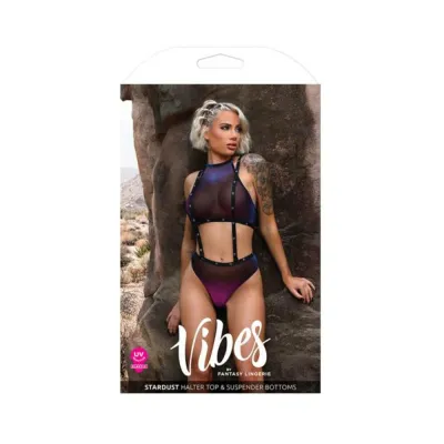 Women s Lingerie Fantasy Lingerie Vibes Stardust Iridescent Halter Top Suspender Bottoms With Uv Reactive Star Prin