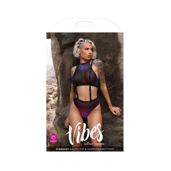 Women's Lingerie: Fantasy Lingerie Vibes Stardust Iridescent Halter Top & Suspender Bottoms With Uv Reactive Star Prin