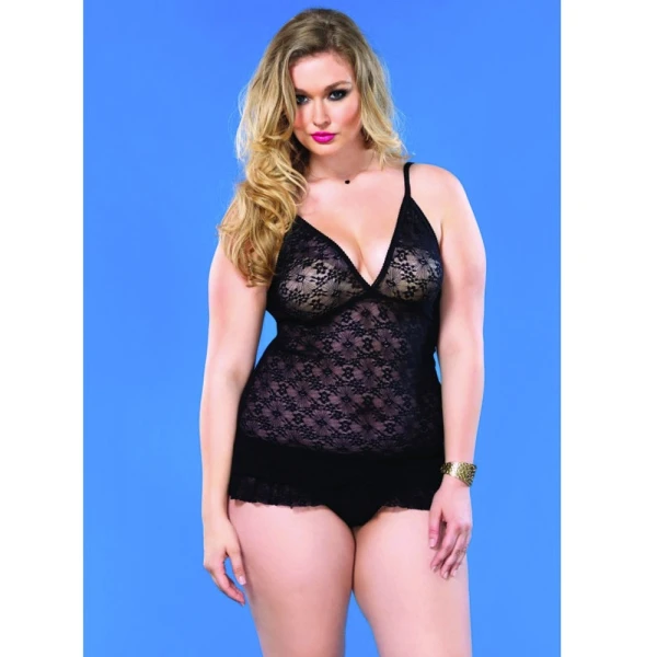 Lace Chemise with Ruffle Skirt Plus Black