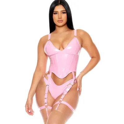 Shine On Pink Vinyl Corset Bustier Set By Forplay