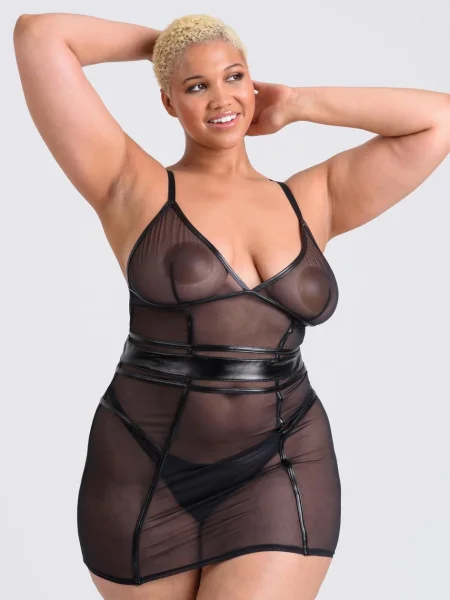 Lovehoney Plus Size Fierce Wet Look and Mesh Panelled Black Mini Dress Set