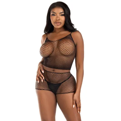 2 Pc Net Tank Top With Boy Shorts One Size Black